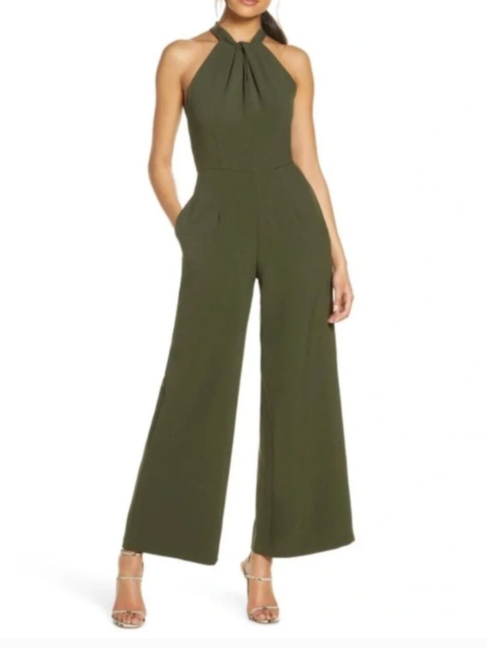 Julia Jordan Twist front Halter Olive Crepe Jumpsuit